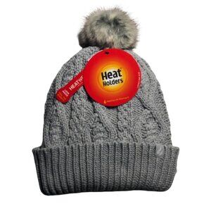 🛒 $10 - Heat Holders Gray Pom Pom Woman stocking Cap Thermal Lining New #2470